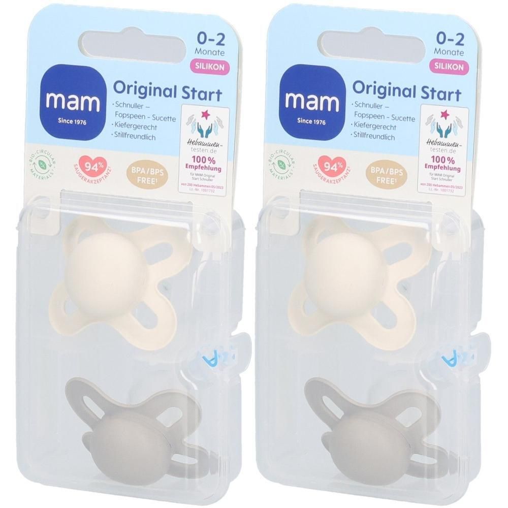Deux sucettes MAM Original Start en silicone pour 0-2 mois, beige et grise.
