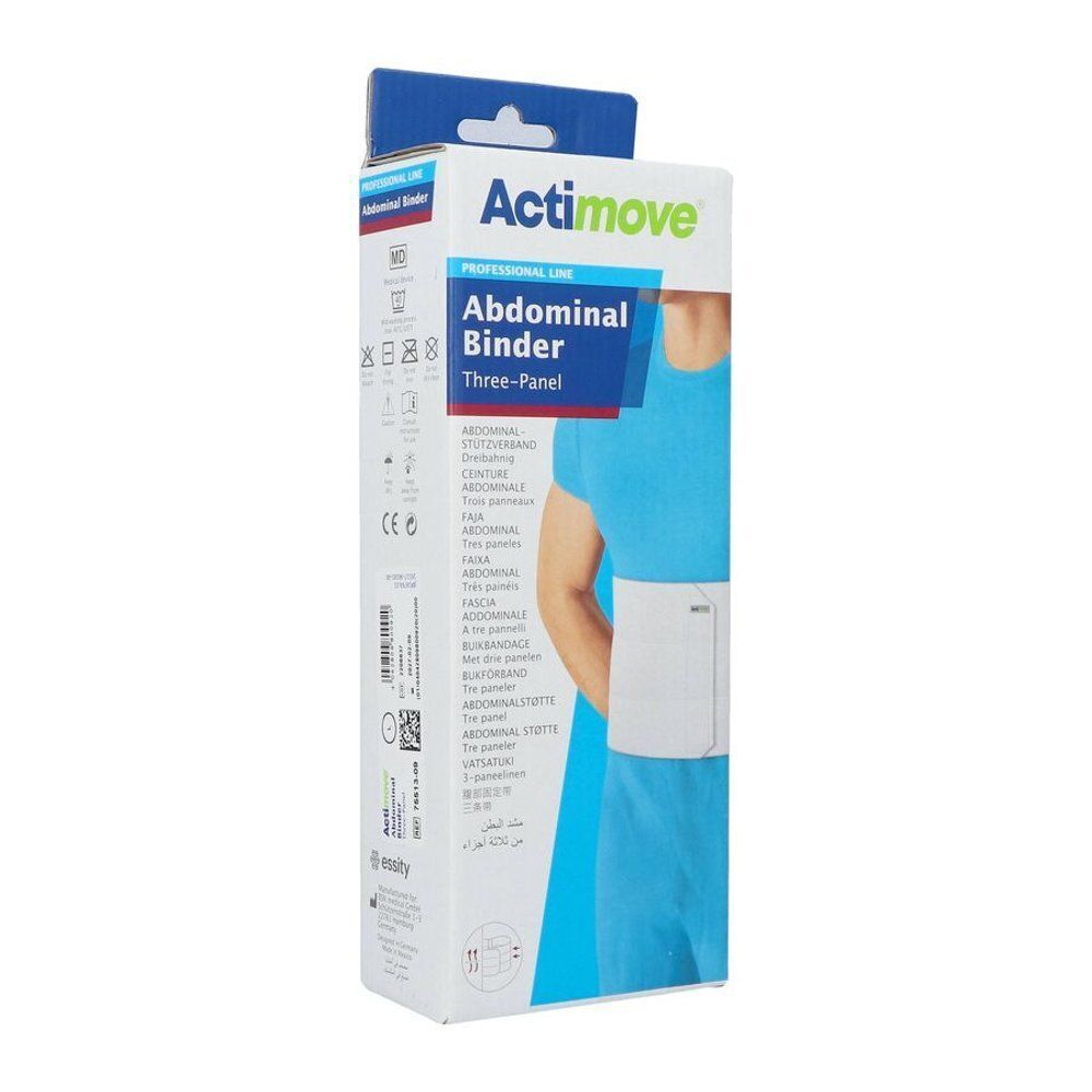 Verpakking van de Actimove buikband 3-paneel, 23 cm, met afbeelding.