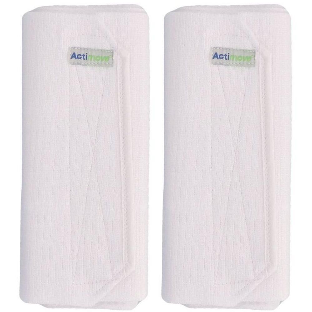 Twee witte Actimove Abdominal Binder 3-Panel banden, opgerold. Logo rechtsboven.