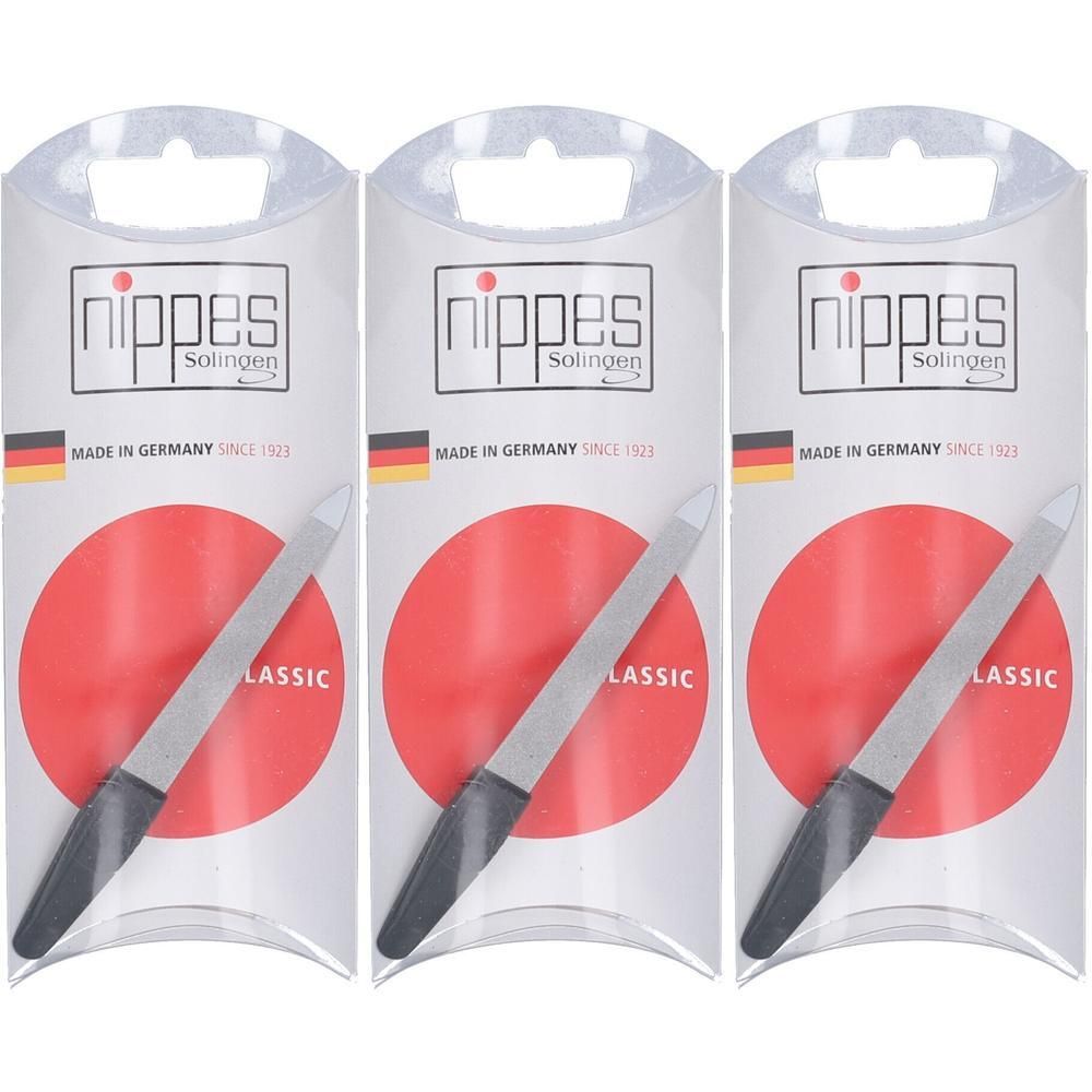 Trois limes à ongles Nippes Solingen sous emballage. Limes métalliques avec manche noir.