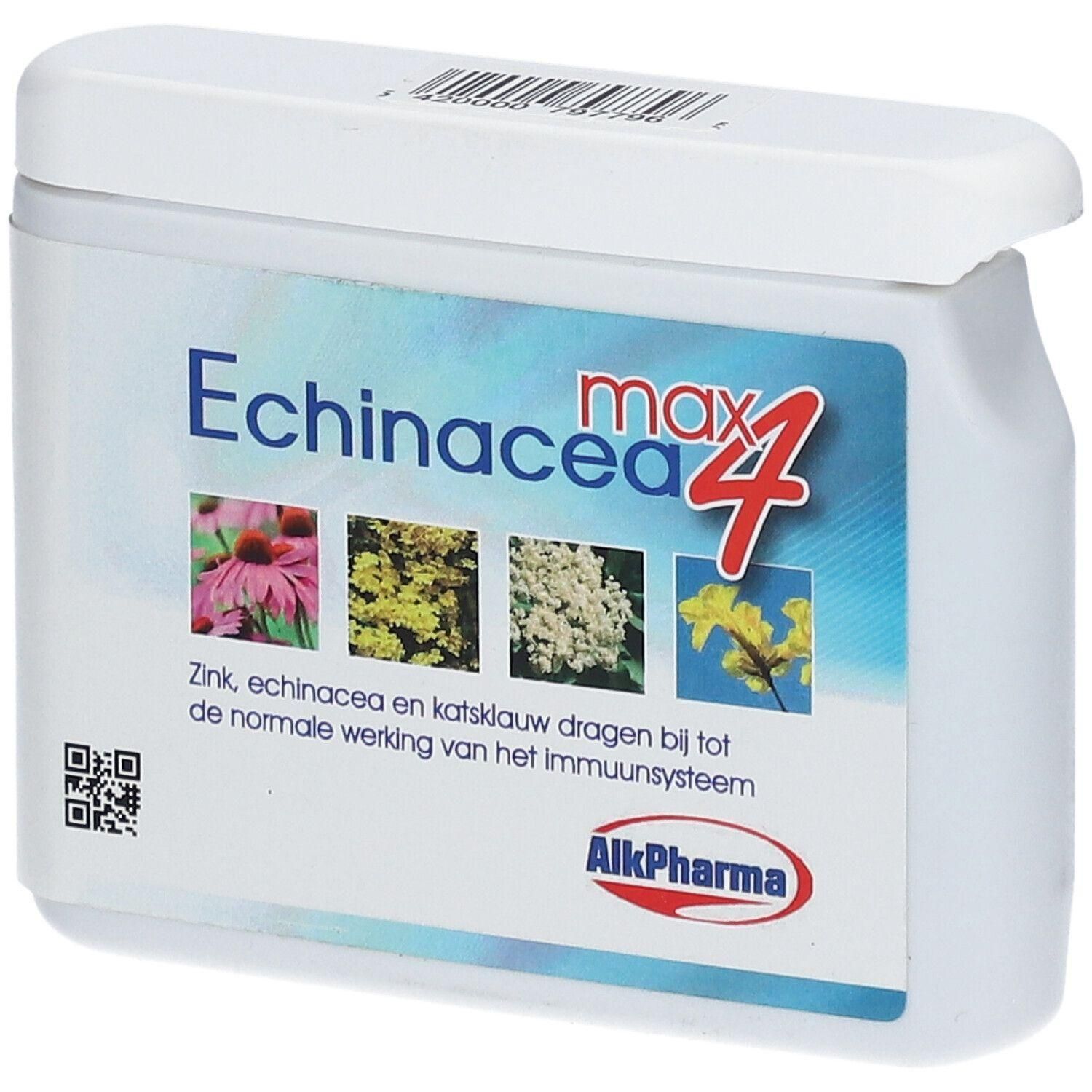 Boîte blanche avec inscription "Echinacea max 4" et images de plantes. Logo AlkPharma.