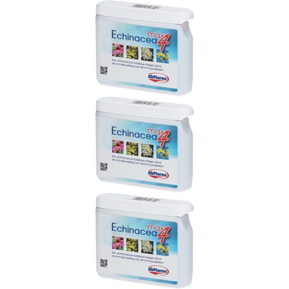 Trois paquets d'Echinacea Max 4 avec des images de fleurs et le logo Pharma.