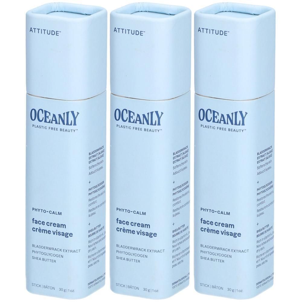 Drie Attitude Oceanly Phyto-Calm gezichtscrème sticks in lichtblauwe verpakking.