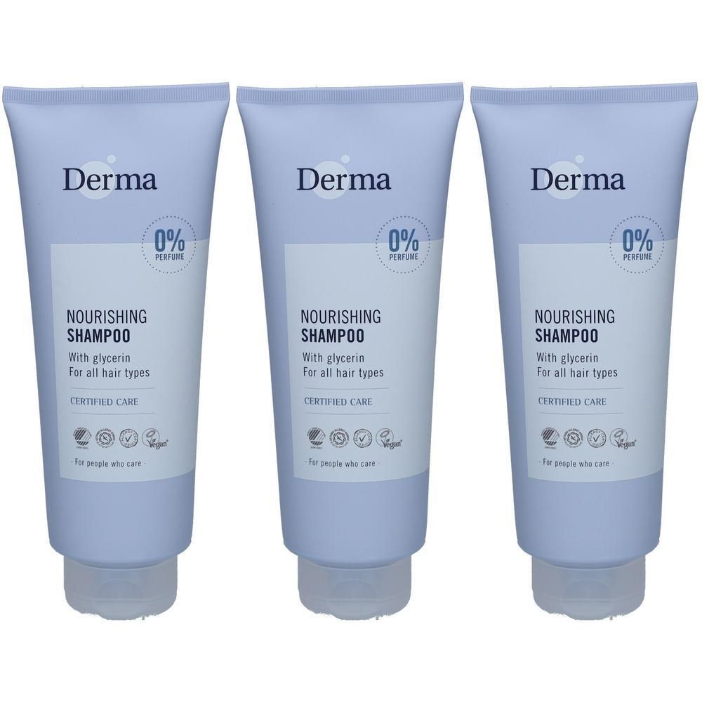 Trois flacons de Shampooing Nourrissant Derma, 0% parfum, avec glycérine pour tous types de cheveux.