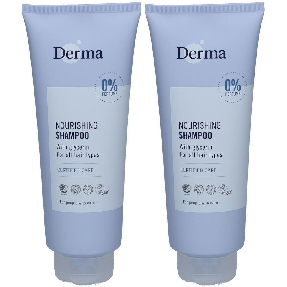 Deux flacons de Derma Nourishing Shampoo, 0% parfum, avec glycérine pour tous types de cheveux.