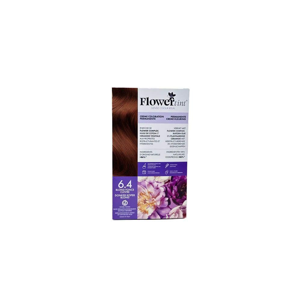 FlowerTint® 6.4 Blond Foncé Cuivré Haarkleuring. Doos met permanente haarkleuring, kleur 6.4 Donker Koperblond.