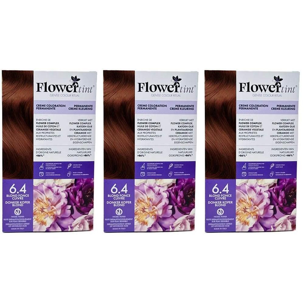 Trois boîtes de coloration capillaire FlowerTint® 6.4 Blond Foncé Cuivré. Emballages avec motif floral et image de cheveux.