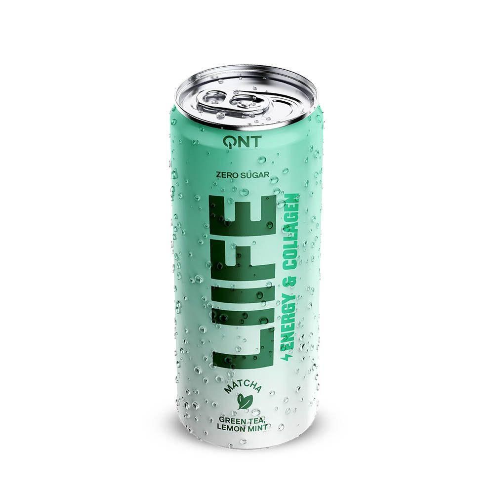 QNT LIFE blikje met matcha, groene thee en citroen-munt. Zero suiker.