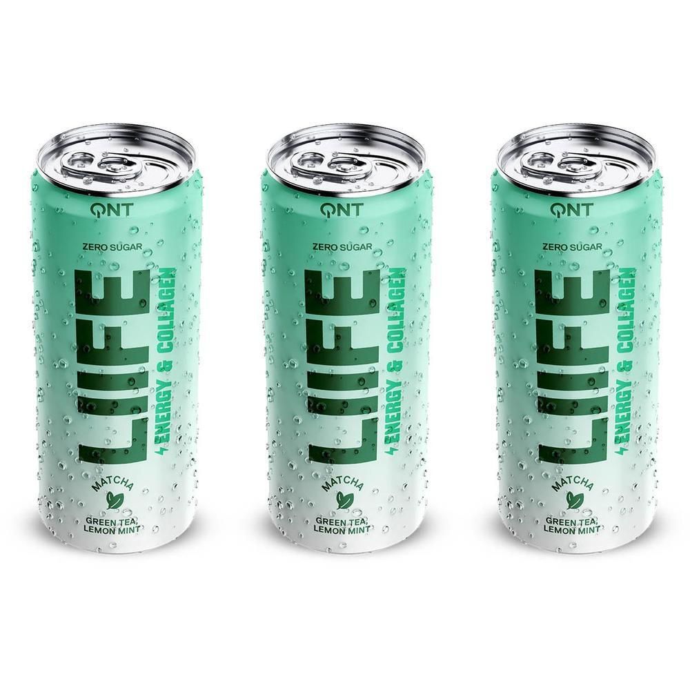 Drie blikjes QNT LIFE Energy & Collagen Matcha Groene Thee Citroen-Munt, suikervrij.