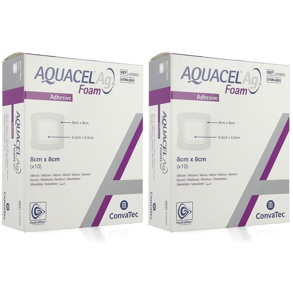 Twee verpakkingen Aquacel Ag Foam, 8x8cm, met kleeflaag. Steriel.