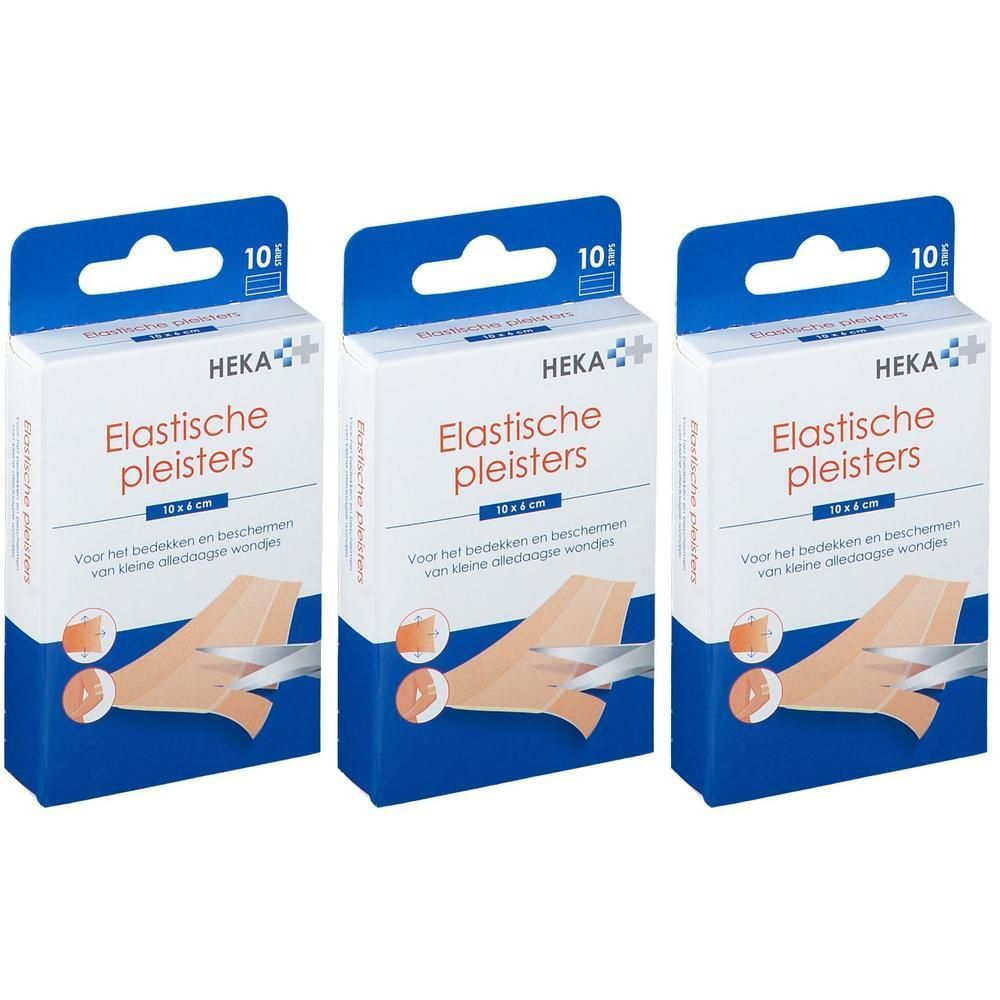 Drie pakken HEKA Elastische pleisters, 10x6 cm. Elk pak bevat 10 pleisters.