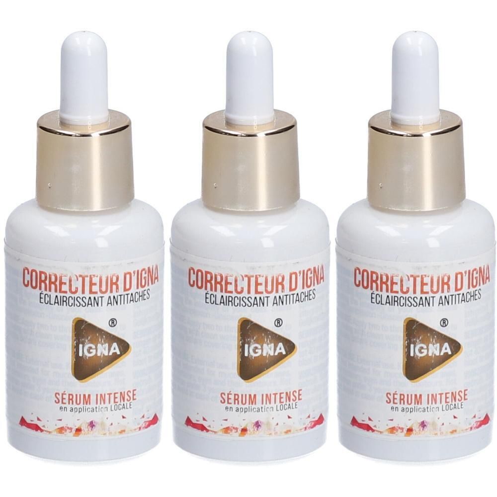 Drie flacons IGNA Sérum Intense met druppeldop. Witte flacons met gouden dop en rood etiket.