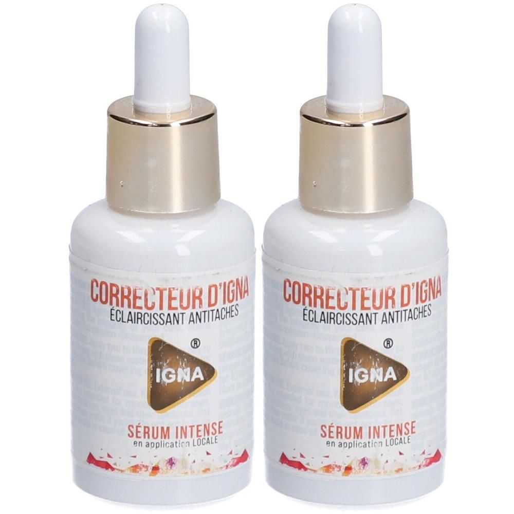 Twee flacons IGNA Correcteur d'IGNA Sérum Intense met druppeldop. Witte flacons met gouden dop.