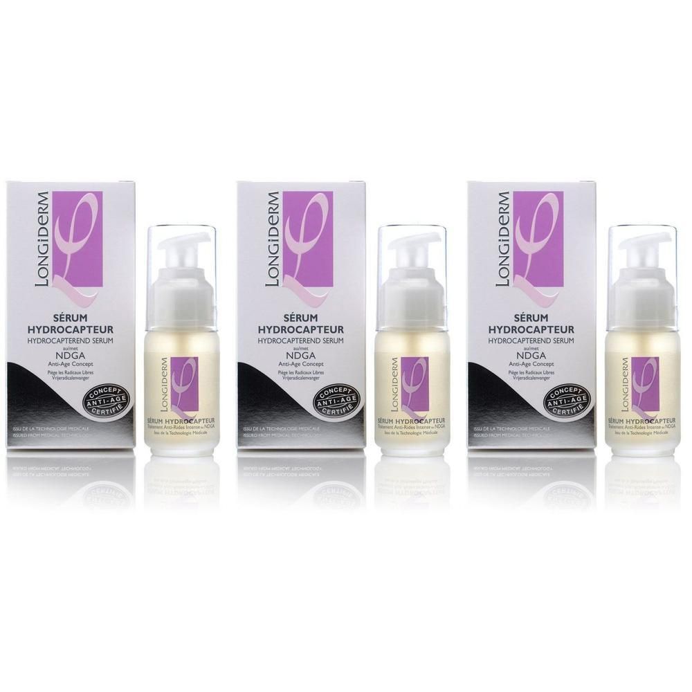 Drie flacons LongiDerm Serum Hydrocapteur met dispensers en doosjes.