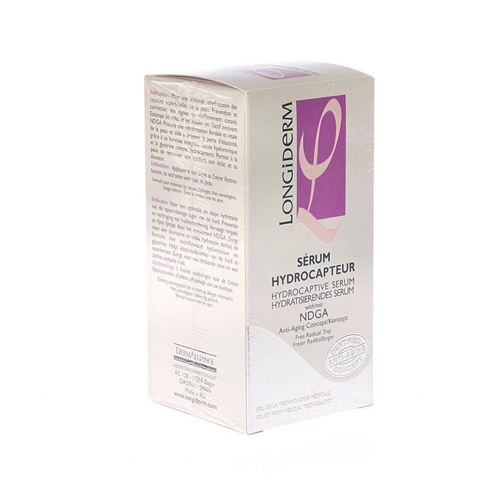 Doosje van LongiDerm Serum Hydrocapteur met dispenser en doosje.