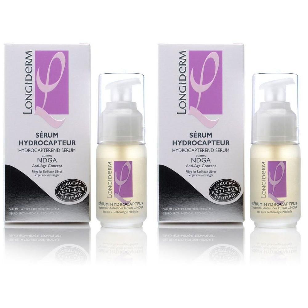 Twee flacons Longiderm Serum Hydrocapteur met dispensers en dozen. NDGA Anti-Aging Concept.