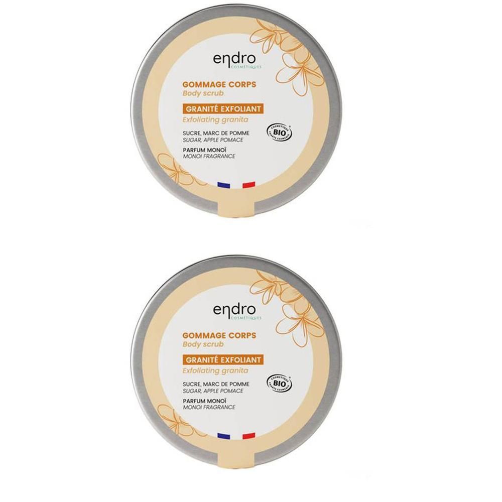 Twee ronde blikken Endro body scrub, monoi geur. Biologisch gecertificeerd.