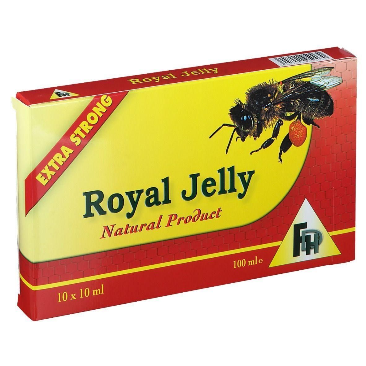 Verpakking van 10 x 10 ml Royal Jelly, Extra Sterk. Met bijenafbeelding.