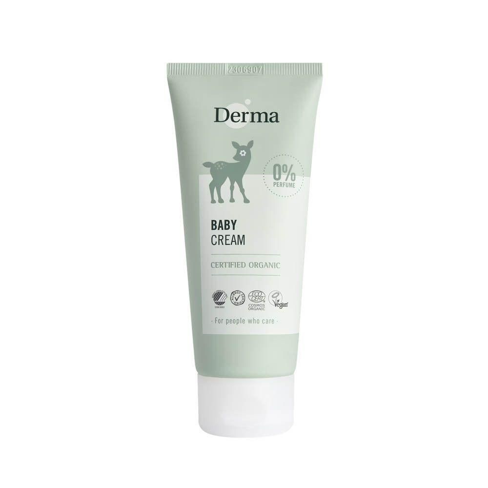 Crème pour bébé Derma dans un tube vert clair avec un logo de faon et des sceaux bio.