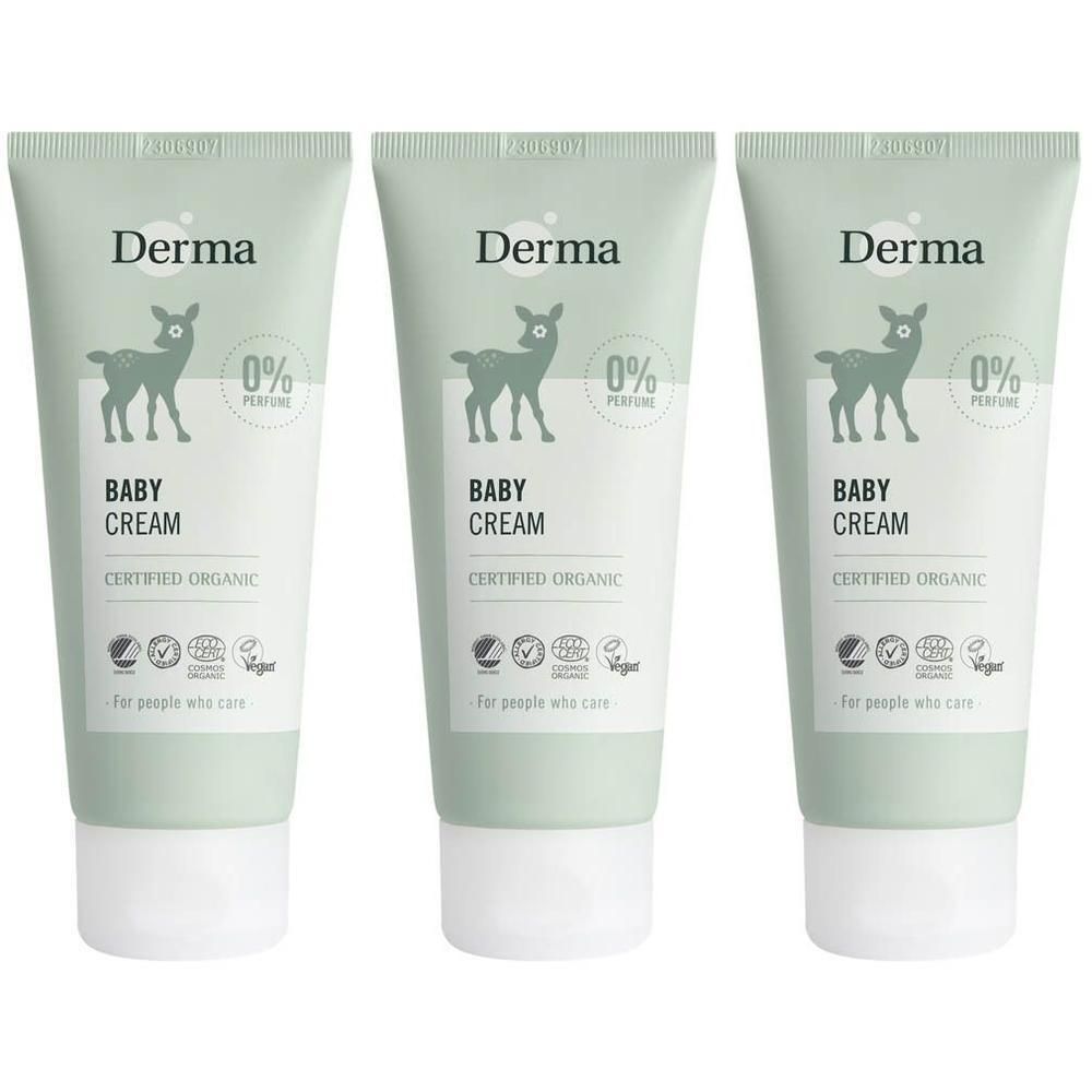 Trois tubes de crème Derma Baby avec logo cerf et labels bio.