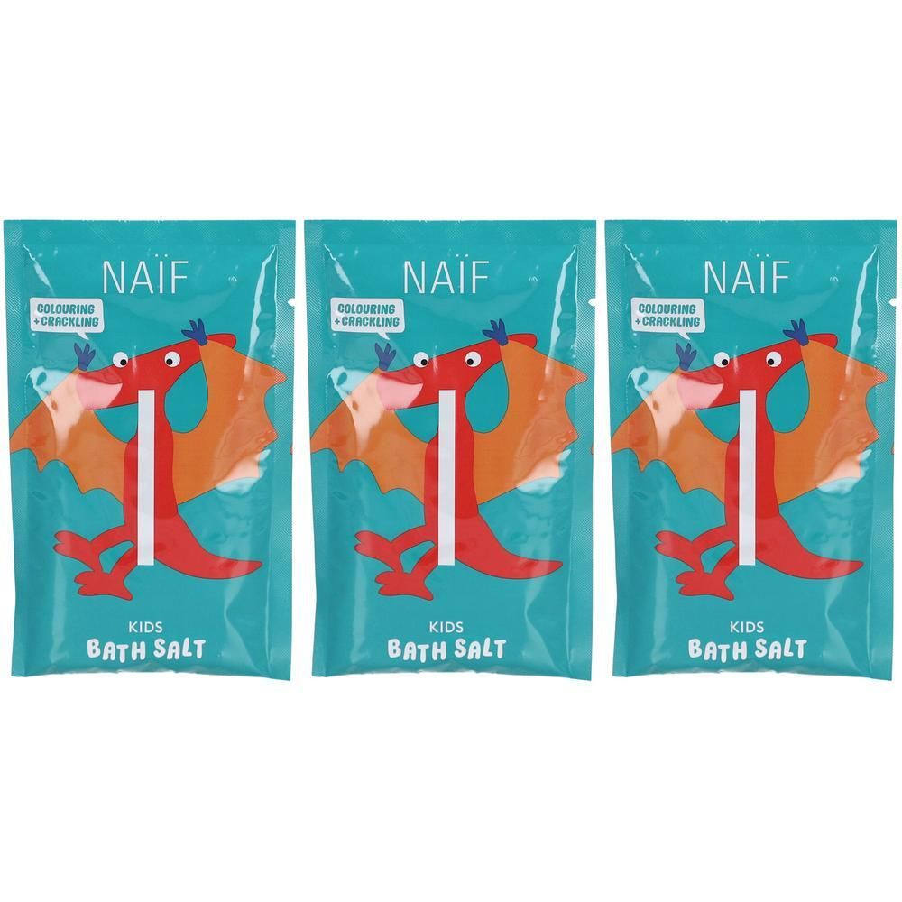 Drie pakjes Naïf Kids badzout met drakenafbeelding. Tekst: 'Colouring + Crackling' en 'Kids Bath Salt'.