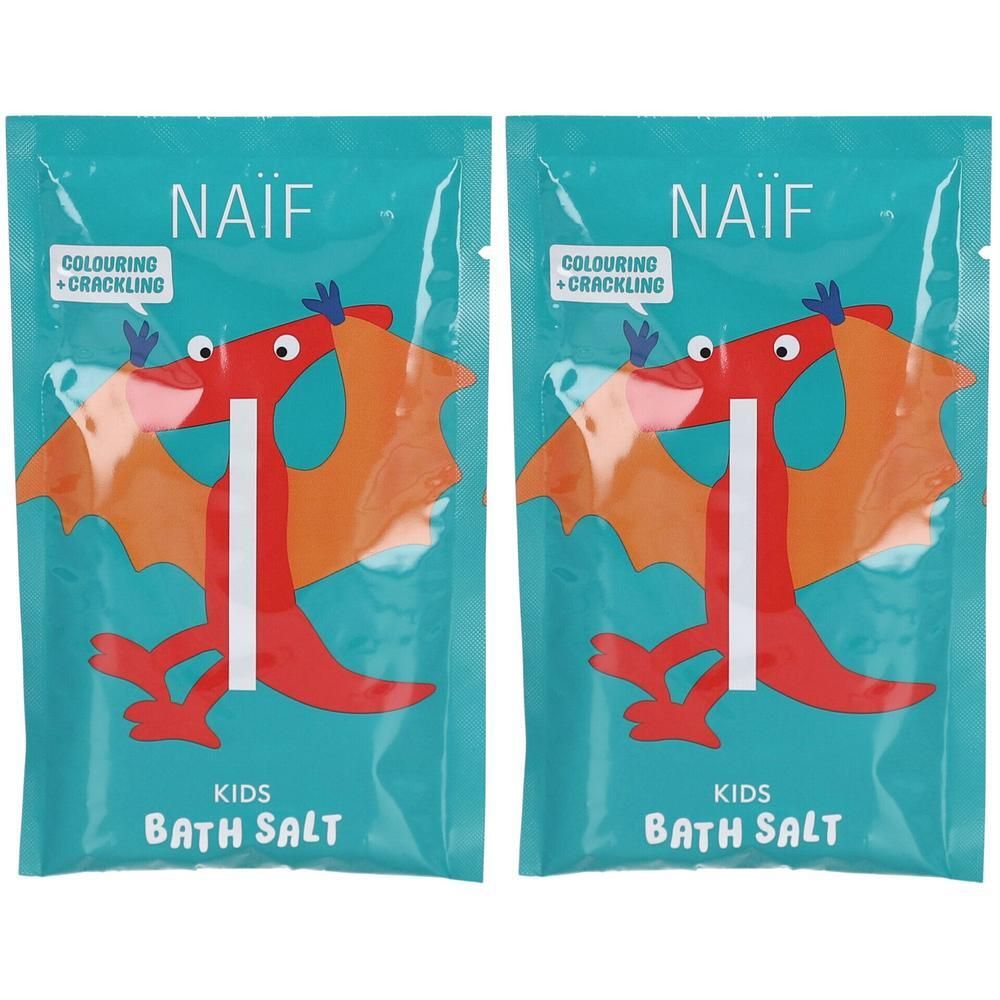 Twee pakjes Naïf kinderbadesalt met drakenafbeelding. Tekst: Colouring + Crackling, Kids Bath Salt.