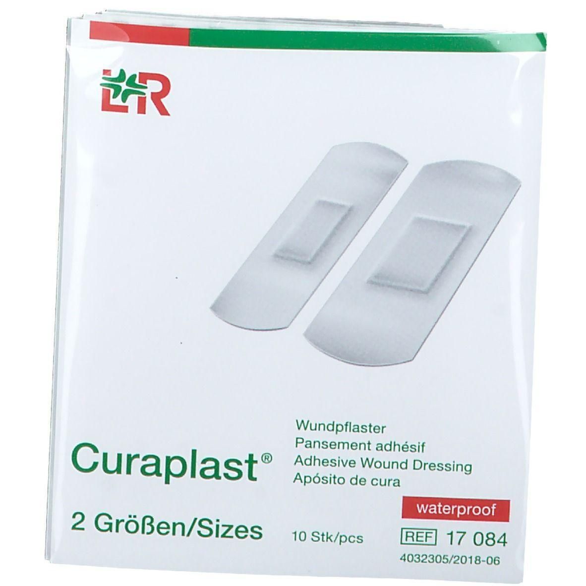 Emballage de deux pansements adhésifs imperméables Curaplast de différentes tailles.