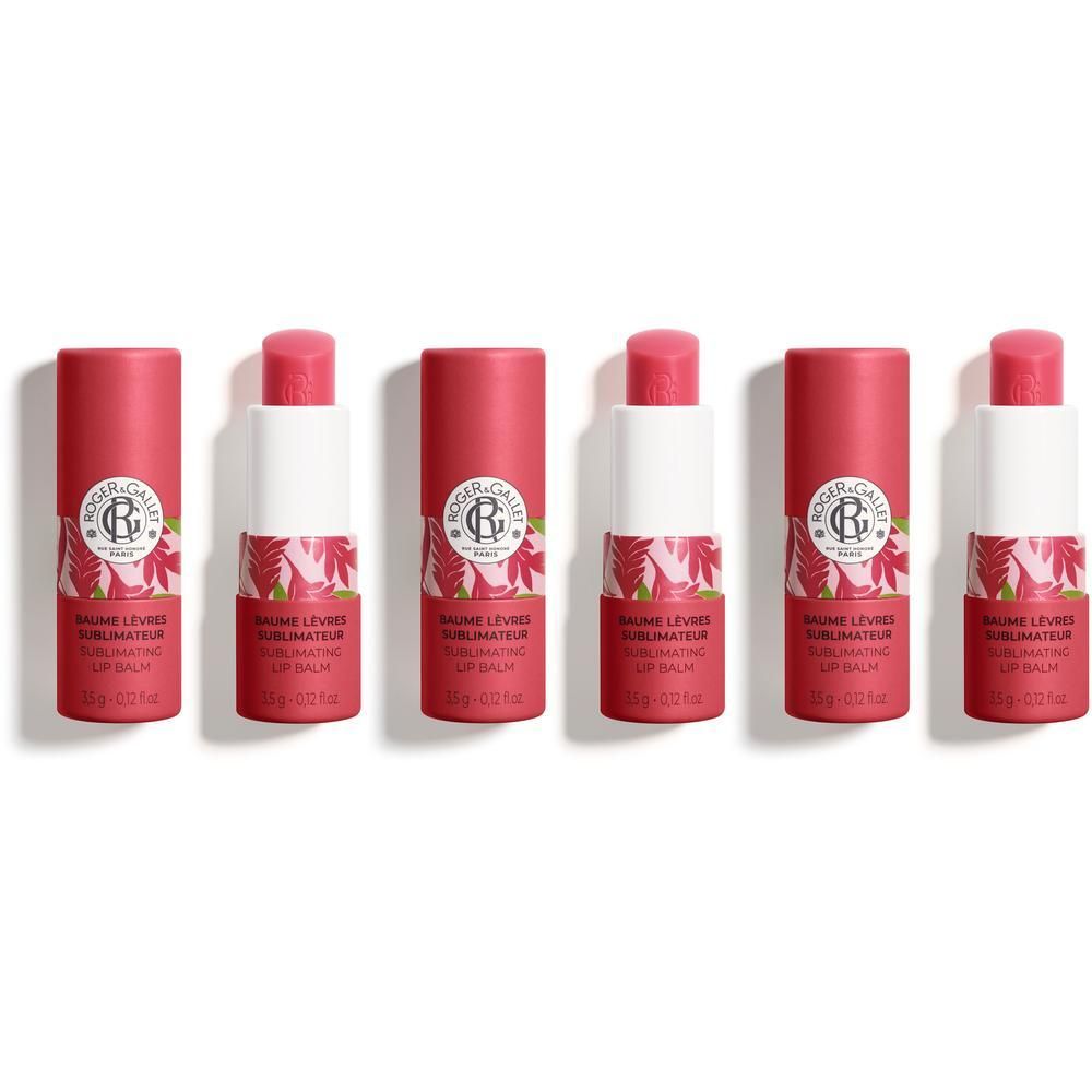 Zes Roger&Gallet lippenbalsems in rode kokers met bloemenpatroon.