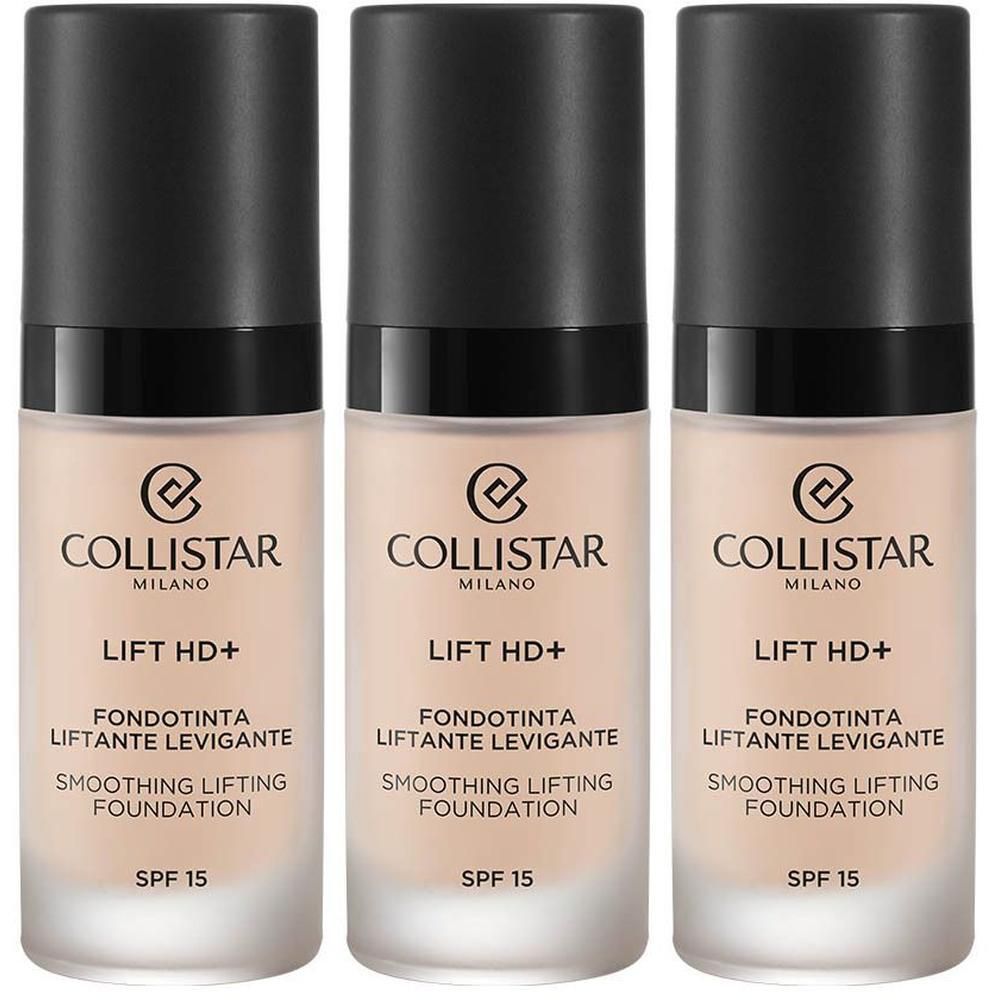 Drie flacons Collistar Lift HD+ Foundation met zwarte dop en SPF 15.