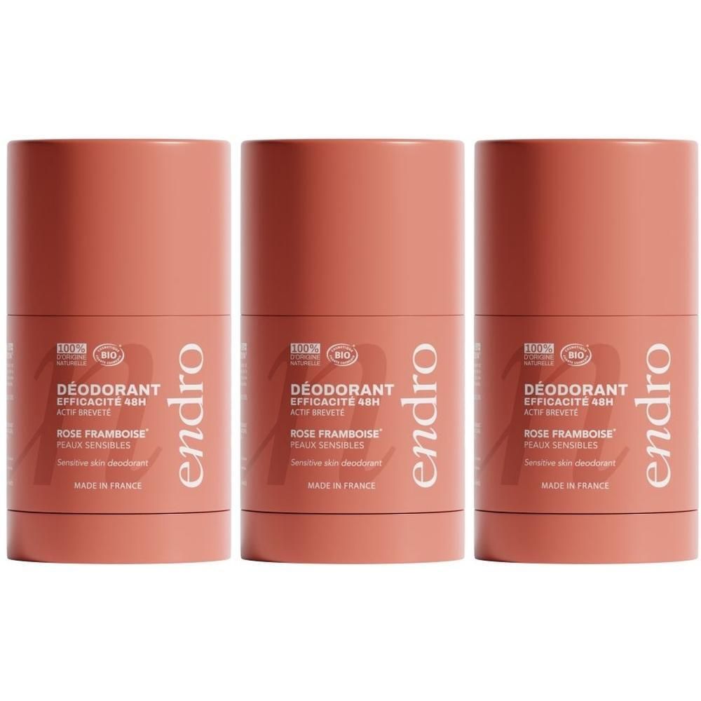 Drie Endro Deodorant sticks Rose Framboos voor gevoelige huid. Gemaakt in Frankrijk.