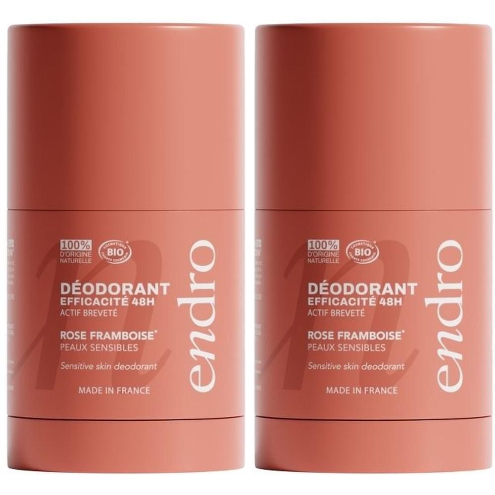 Twee Endro Deodorant Sticks, Rose & Framboise, voor gevoelige huid. Gemaakt in Frankrijk.