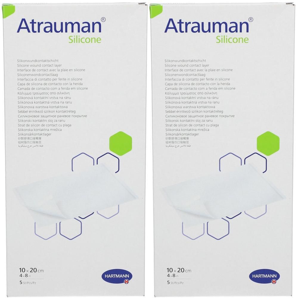Deux paquets de pansements Hartmann Atrauman Silicone, 10x20 cm.