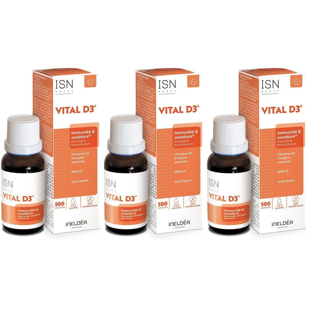 Trois flacons de gouttes Vital D3 avec emballage. Flacons en verre brun avec bouchon blanc et emballage orange.