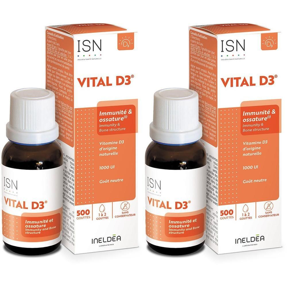 Twee flesjes en doosjes Vital D3 druppels 1000 IE. Voor immuniteit en botstructuur.