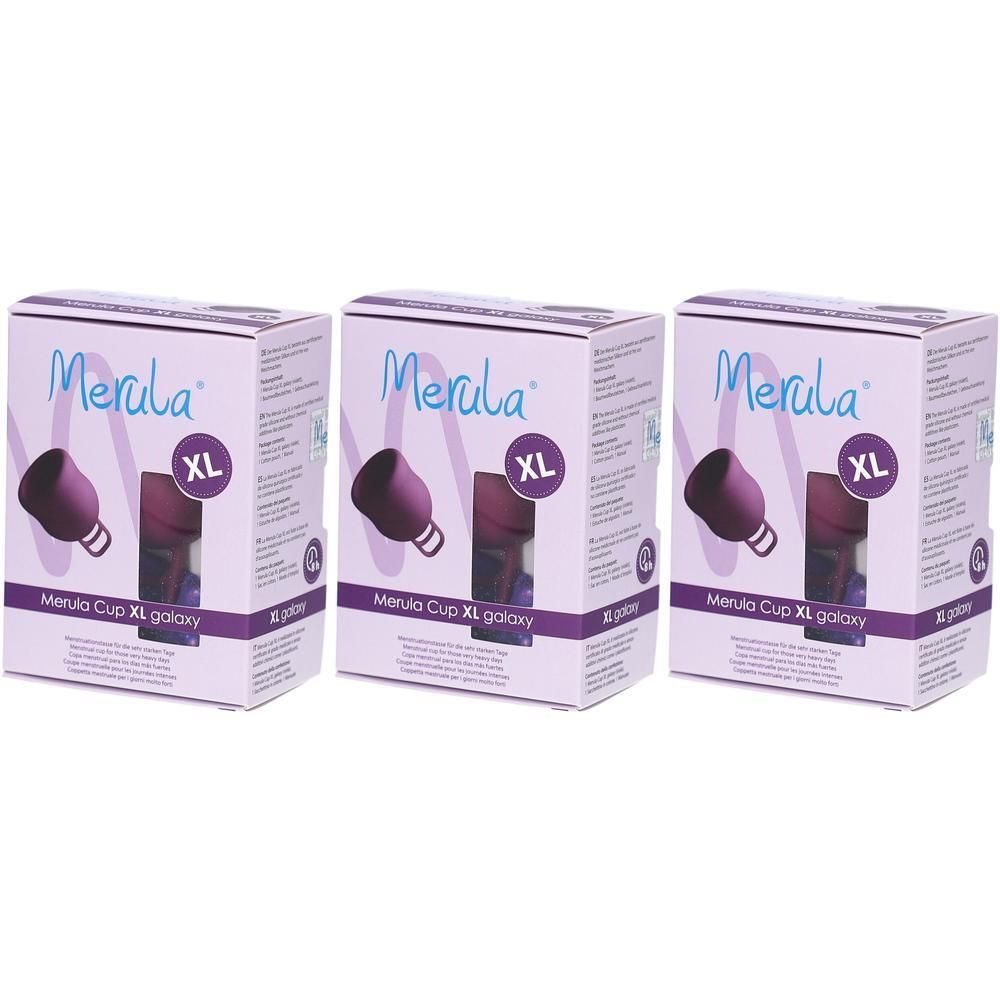 Trois boîtes de Merula Cup XL Galaxy violet. Chaque boîte montre une image de la coupe menstruelle.