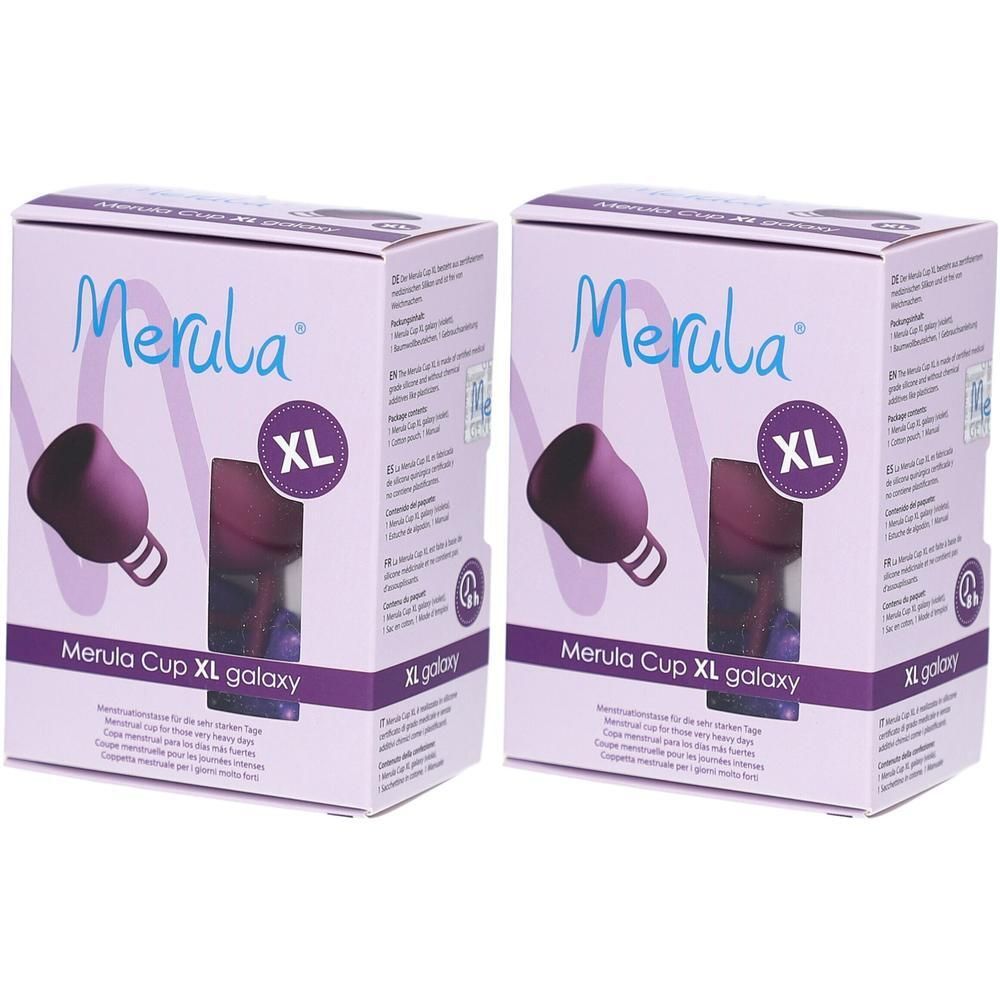 Deux paquets de coupes menstruelles Merula Cup XL Galaxy violettes.