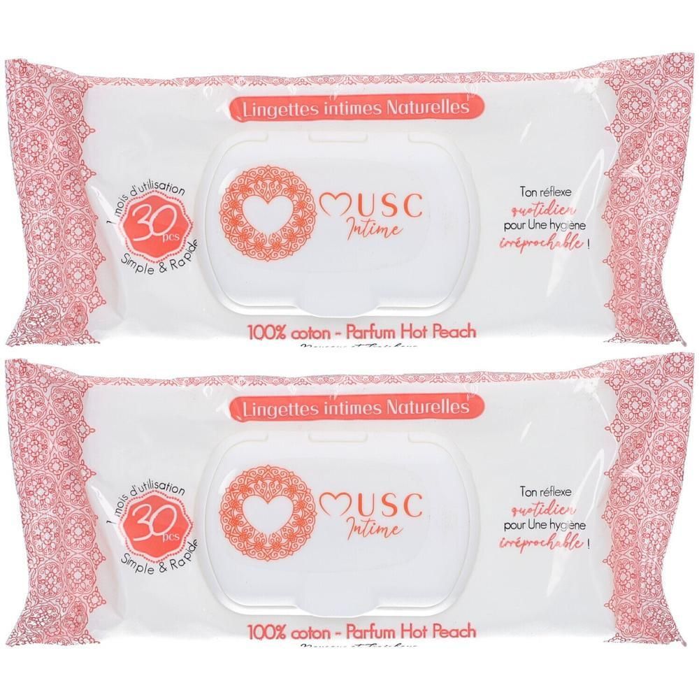 Deux paquets de lingettes intimes parfum pêche. 100% coton.