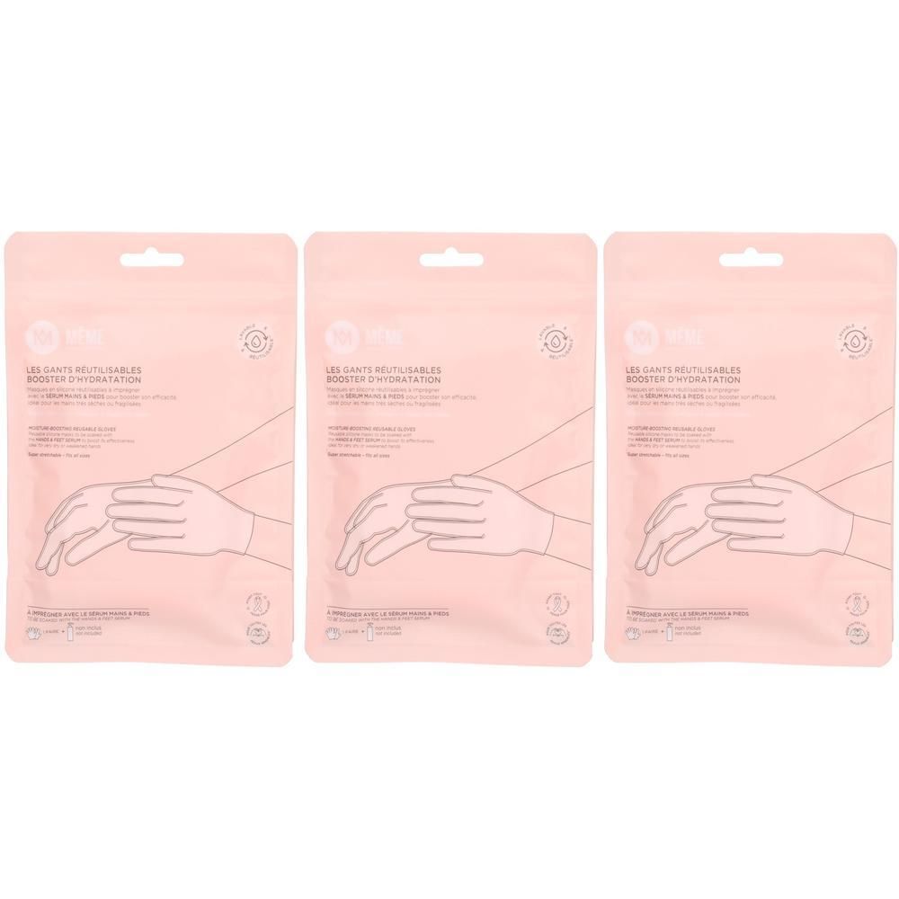 Drie herbruikbare handschoenen voor hydratatieboost in roze verpakking.