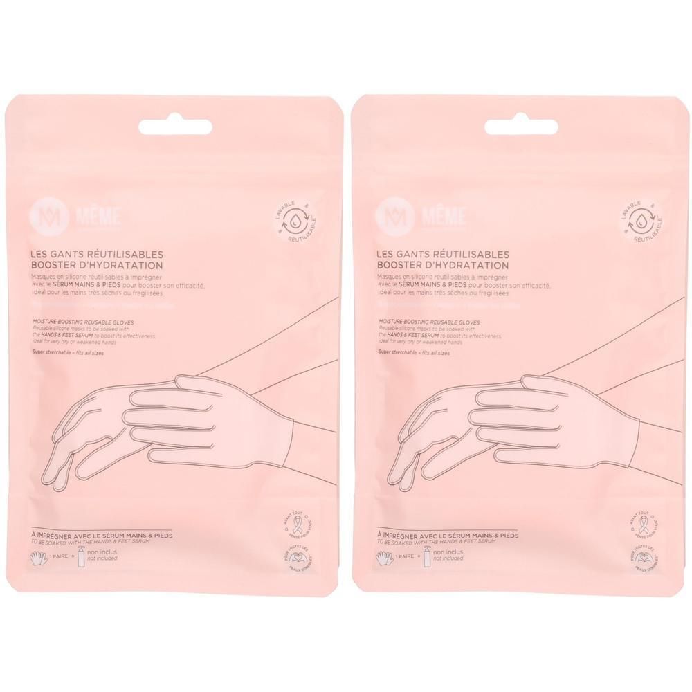 Deux gants réutilisables booster d'hydratation dans un emballage rose.