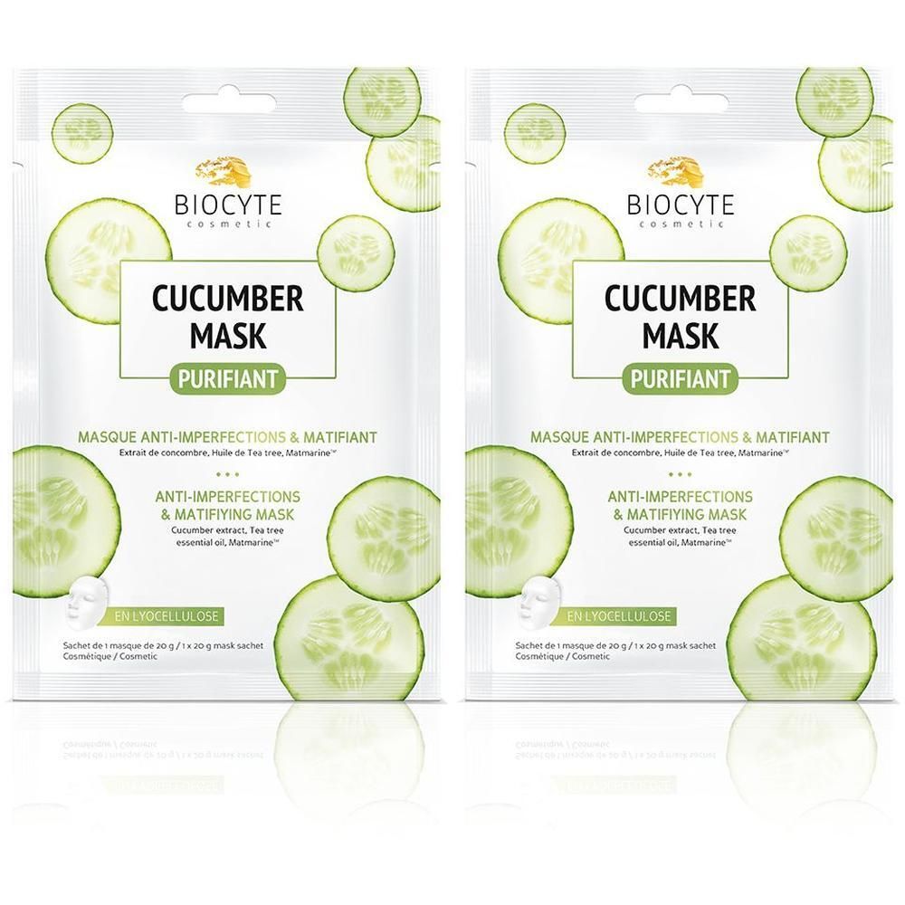 Twee Biocyte Komkommer Masker zakjes met komkommerschijfjes design.