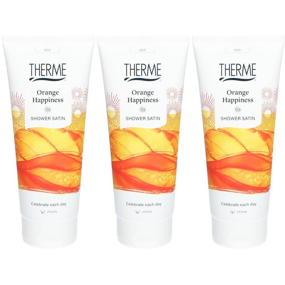 Trois tubes de gel douche parfum orange et agrumes. Tubes blancs avec design orange et jaune.