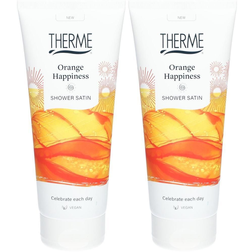 Deux tubes de gel douche à l'orange et aux agrumes. "Orange Happiness" et "Shower Satin" sont imprimés.