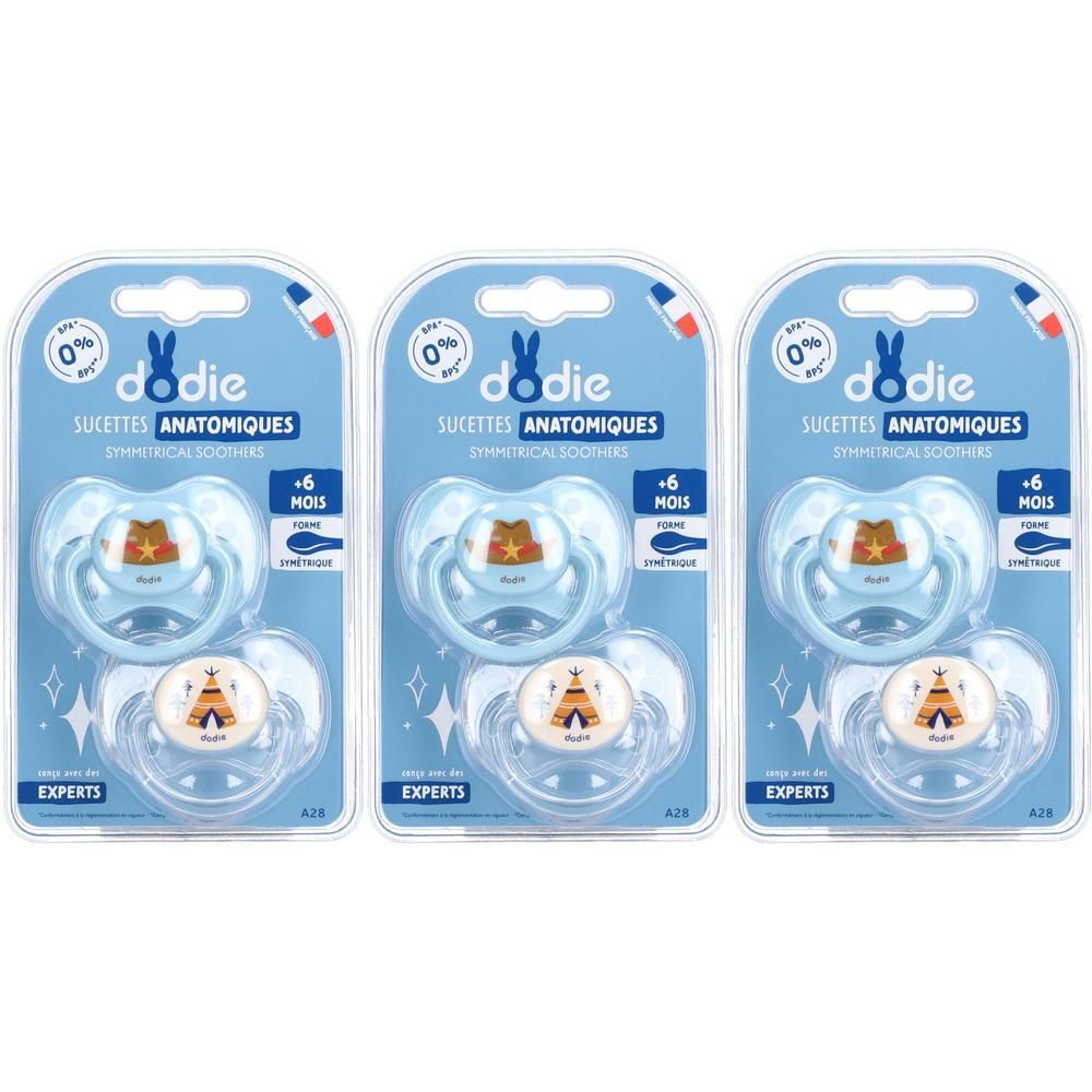 Deux sucettes bleues en silicone pour bébés de +6 mois, forme symétrique, motifs animal et tipi.