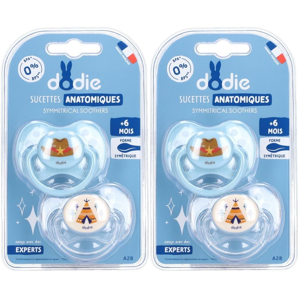 Deux sucettes anatomiques bleues pour bébés de +6 mois, forme symétrique.