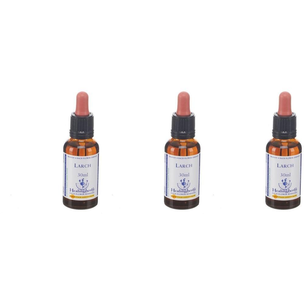 Trois flacons en verre brun avec compte-gouttes, étiquette 'LARCH 30ml' et 'Healing Herbs'.