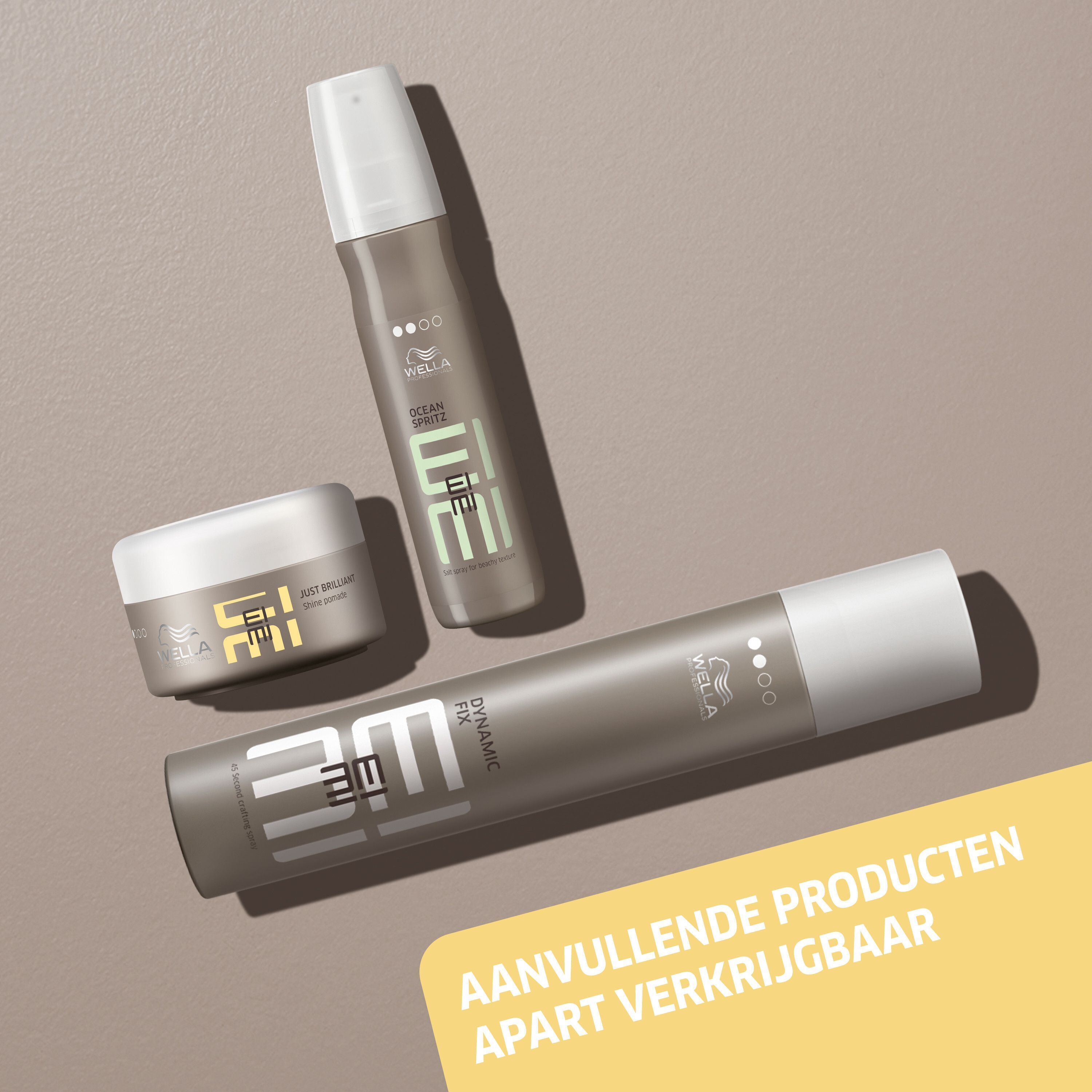 Wella Professionals EIMI haarverzorgingsproducten: potje Just Brilliant, haarlak en spray.