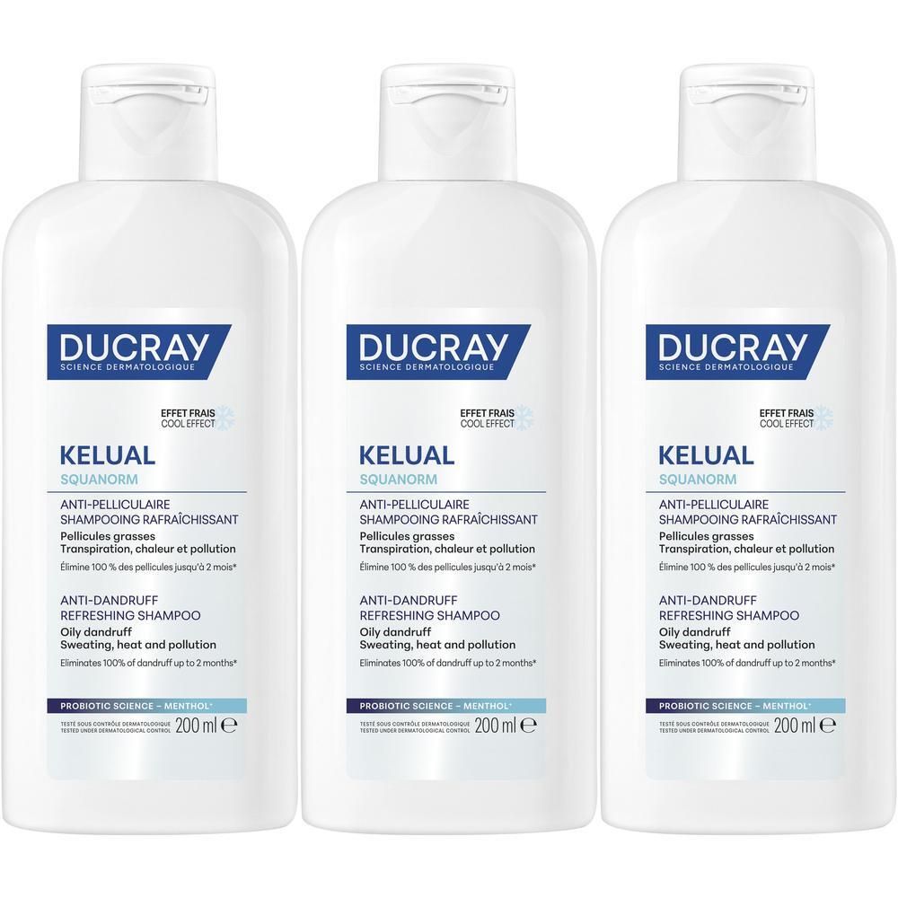 Trois flacons de shampooing antipelliculaire rafraîchissant Ducray Kelual Squanorm.