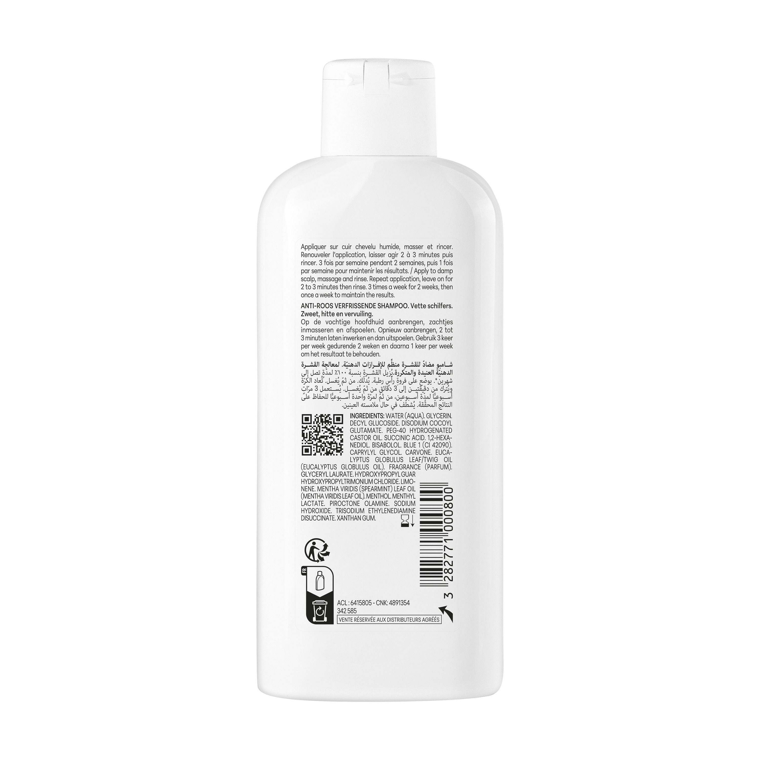 Achterkant van een flacon Ducray Kelual Squanorm verfrissende anti-roos shampoo met ingrediënten en gebruiksaanwijzing.
