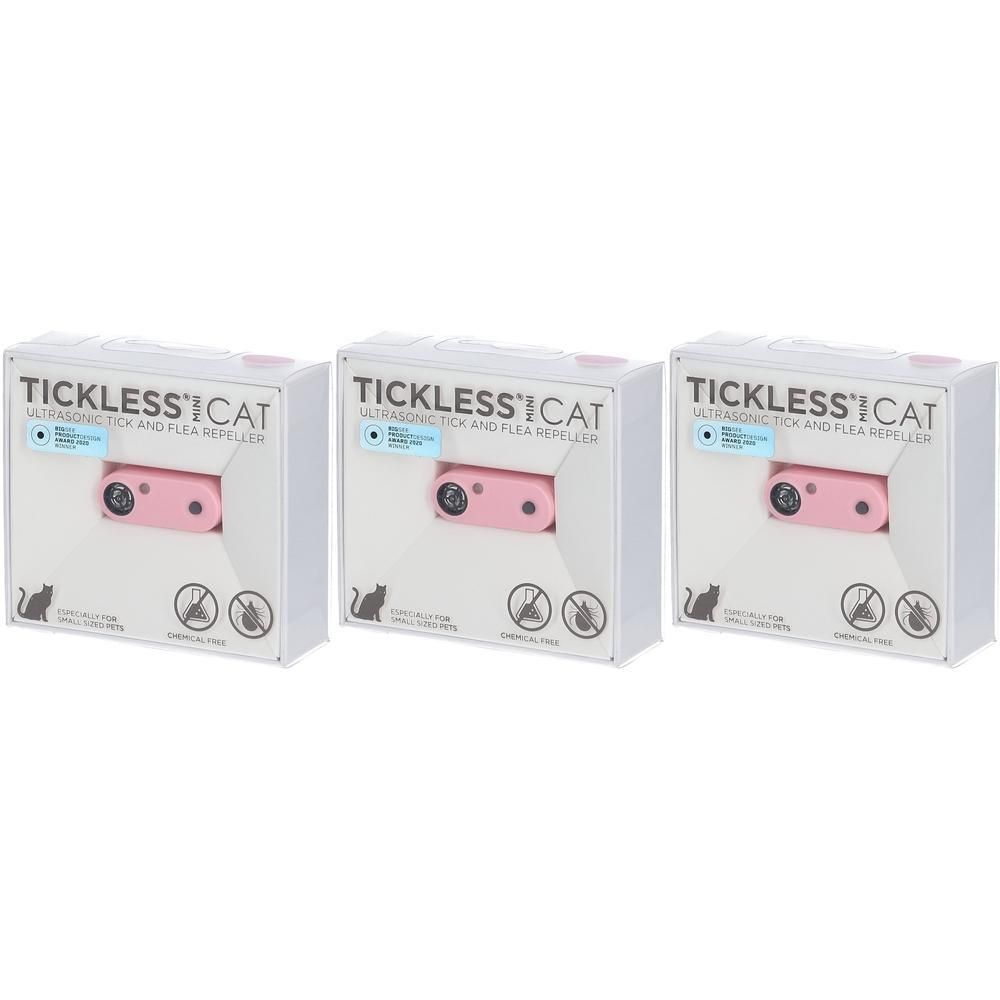 Trois répulsifs anti-tiques et anti-puces Tickless Mini Chat roses dans leur emballage blanc.