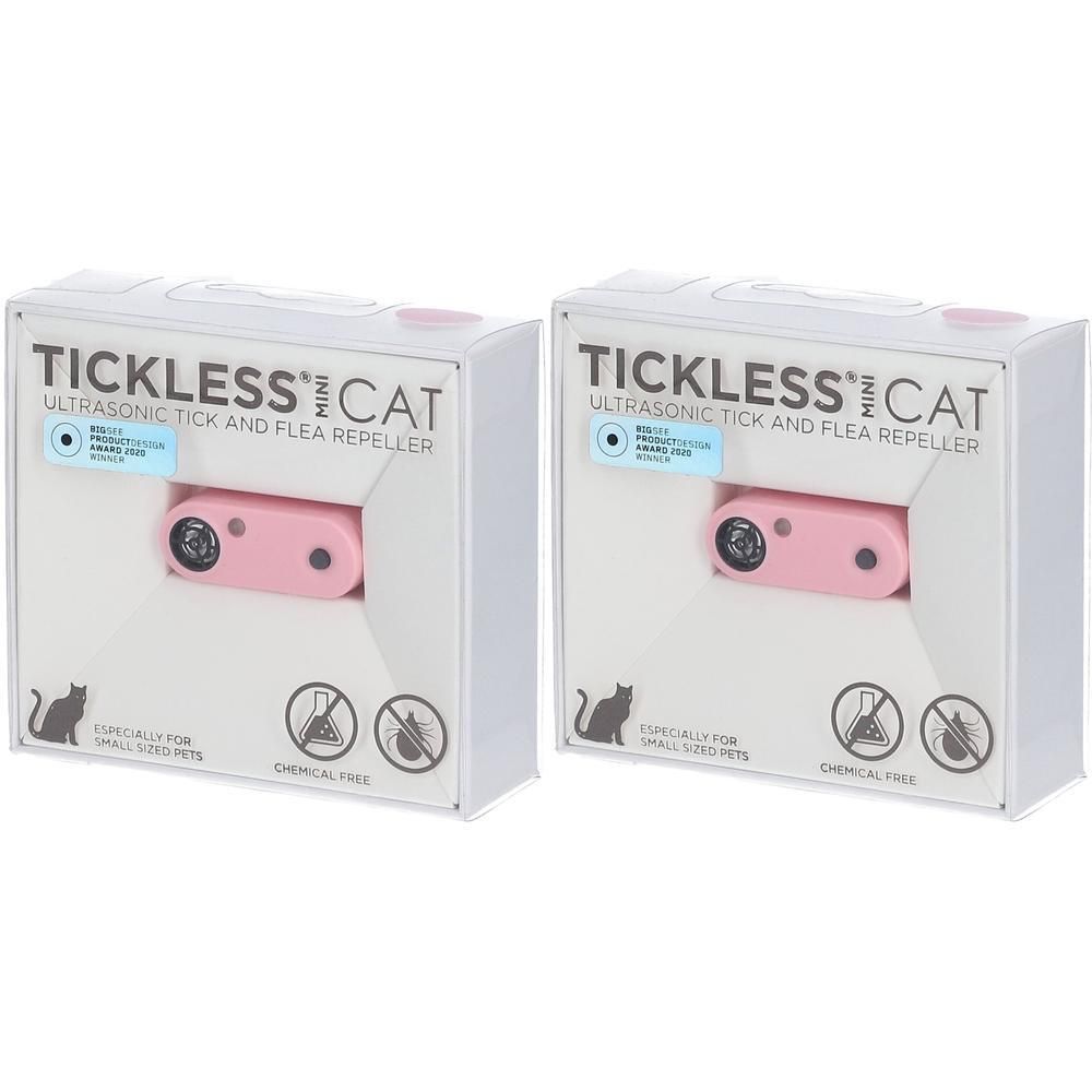 Deux répulsifs anti-tiques et anti-puces ultrasoniques Tickless Mini Chat roses dans leur emballage.